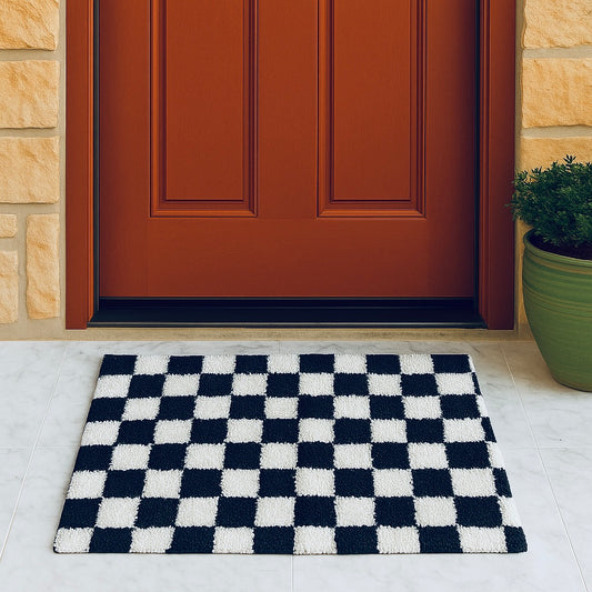 Anti-Skid Fur Door Mat [20in x 32in] | Black and White Checks