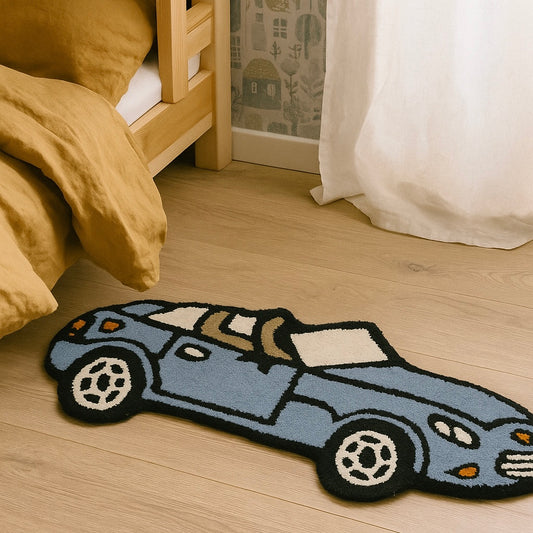 Kids Tufted Wool Rug | Blue Car Design