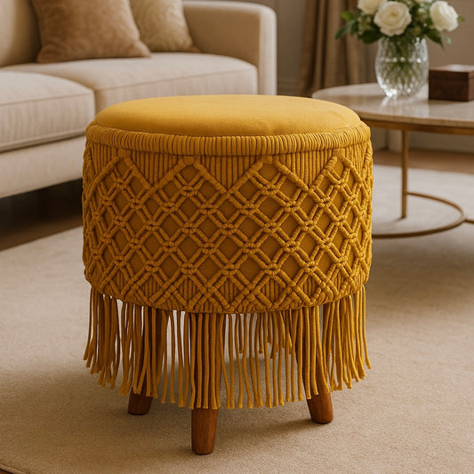 Ottoman Stool | Macramé Mustard Yellow