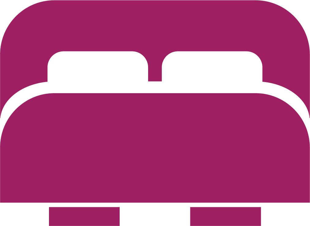 Icon of a bed with two pillows on a purple background