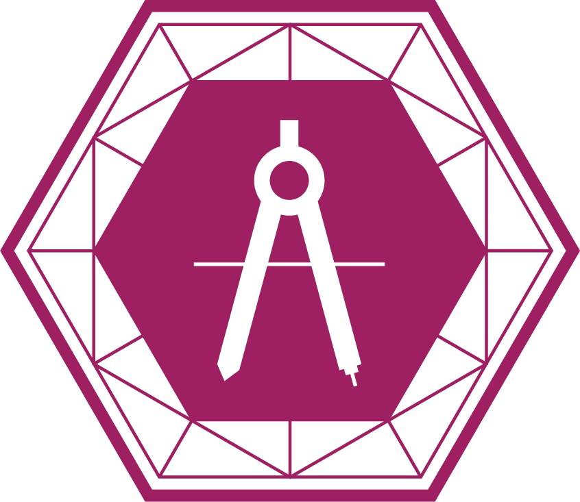 White compass symbol on a purple hexagonal background with geometric patterns